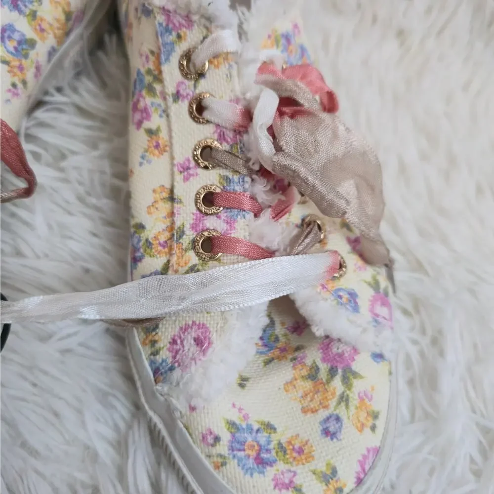 Superga X LoveShackFancy Cream Floral Coquette Canvas Fringe Sneakers